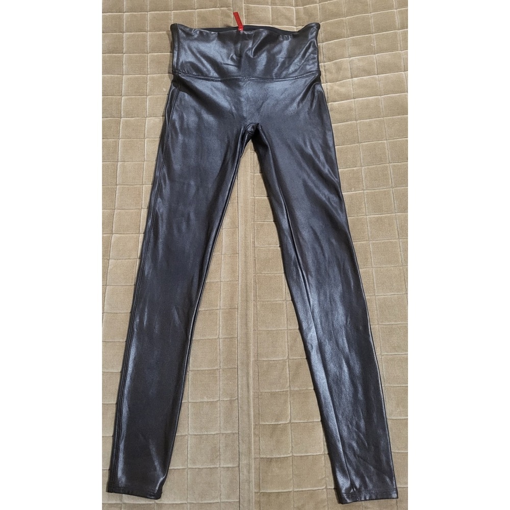 Spanx Faux Faux Leather Leggings Womens M Black High Rise Shaping Pull On Slim